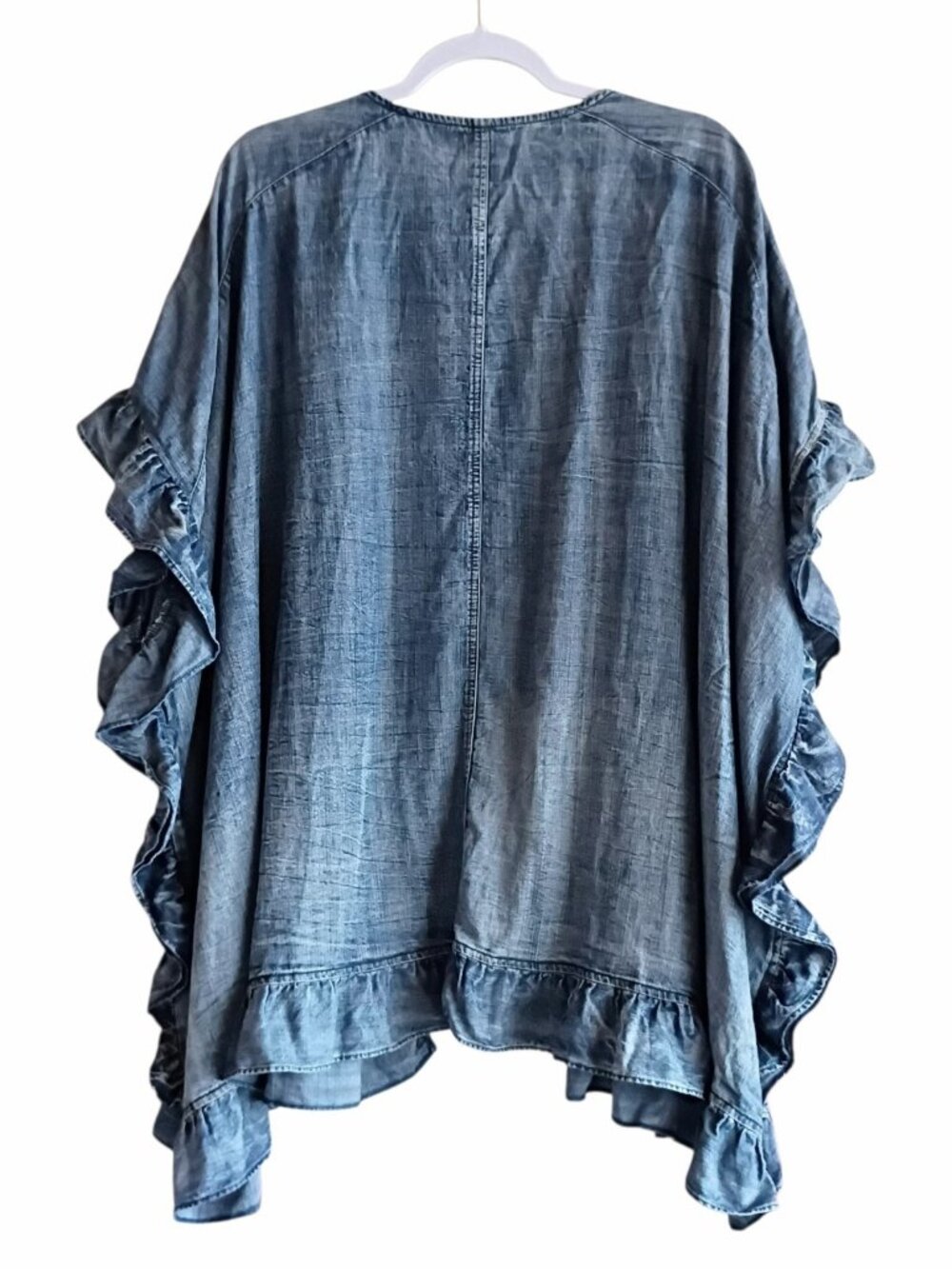 EASEL Women's Kimono Denim Open Front Top Blue Chambray Ruffles Boho MEDIUM - Picture 2 of 5
